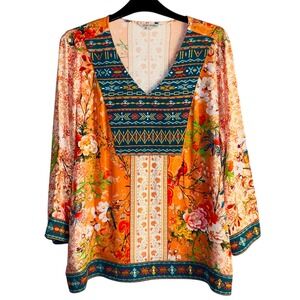 John Mark Womens Large‎ Orange Blue Embroidered VNeck Tunic NWT
